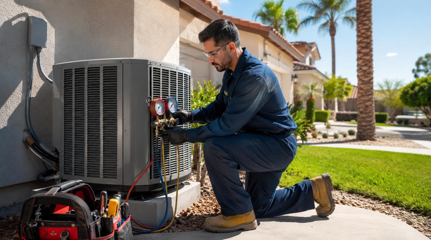 HVAC technician checking gauges on an outdoor air conditioning unit