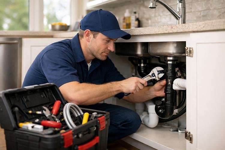 Plumber using a wrench to service pipes beneath a kitchen sink