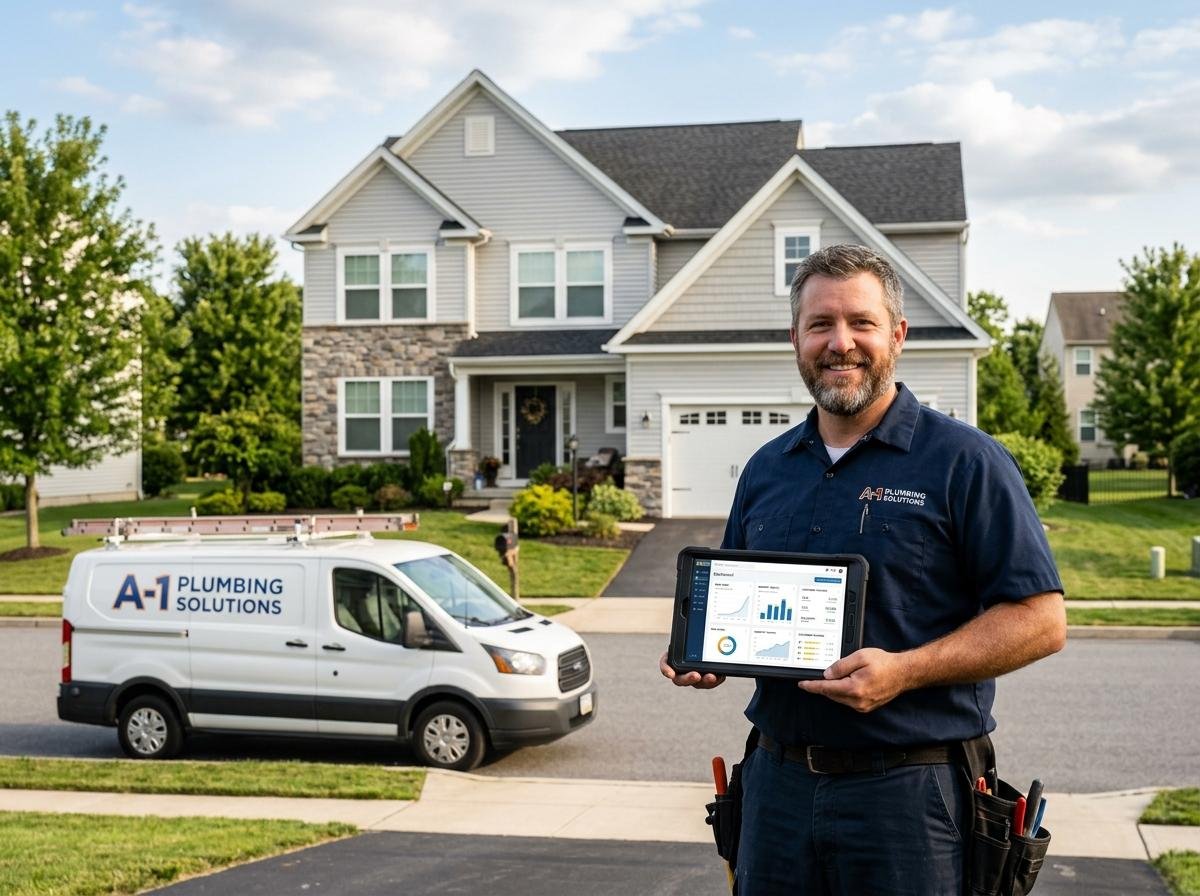 Service contractor holding a tablet with a business management dashboard, with a service van and a home in the background